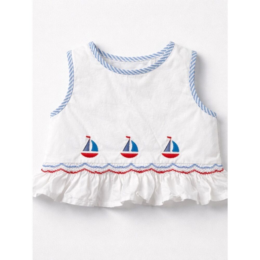Les Petit s Soleils white smocked sailboat embroidered top red white blue 18 m